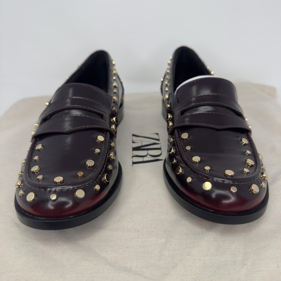 Zara Studded Penny Loafer Shoes Womens Size 7.5 Brown Gold Slip On Flats - Picture 4 of 10
